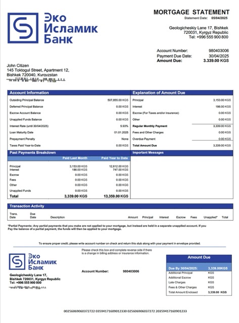 Премиум Скачать Киргизия EcoIslamicBank Ипотека Выписка Word и PDF Шаблон Photoshop Шаблон