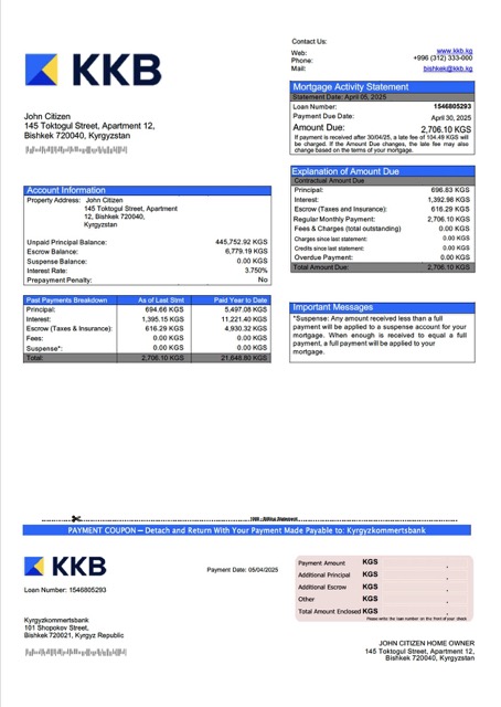 Реалистичный Скачать Киргизия Kyrgyzkommertsbank Ипотека Выписка Word и PDF Шаблон Photoshop Шаблон