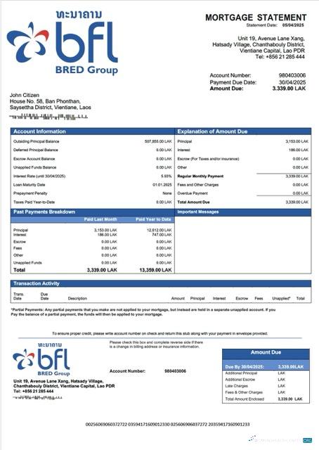 Редактируемый Скачать Лаос Banque Franco Lao Ипотека Выписка Word и PDF Шаблон Photoshop Шаблон
