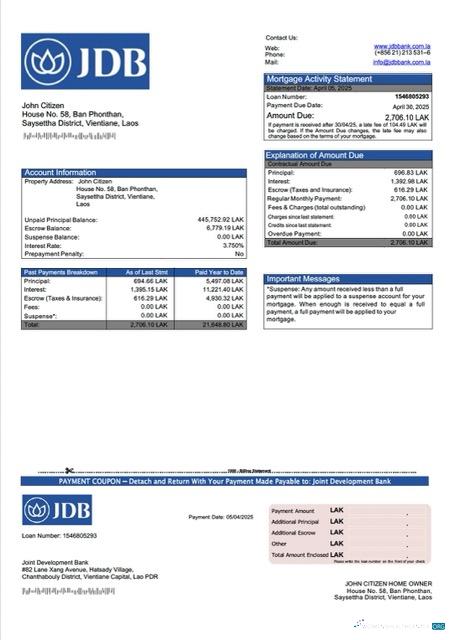 Редактируемый Скачать Лаос Joint Развития Банк Ипотека Выписка Word и PDF Шаблон Photoshop Шаблон