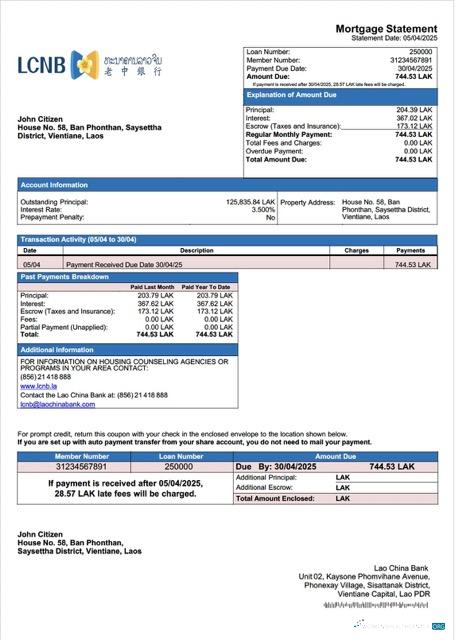 Реалистичный Скачать Лаос Lao Китай Банк Ипотека Выписка Word и PDF Шаблон Photoshop Шаблон