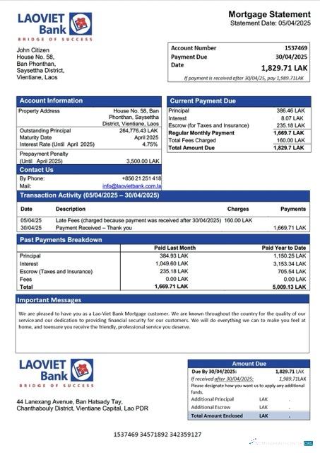 Премиум Скачать Лаос Lao Viet Банк Ипотека Выписка Word и PDF Шаблон Photoshop Шаблон