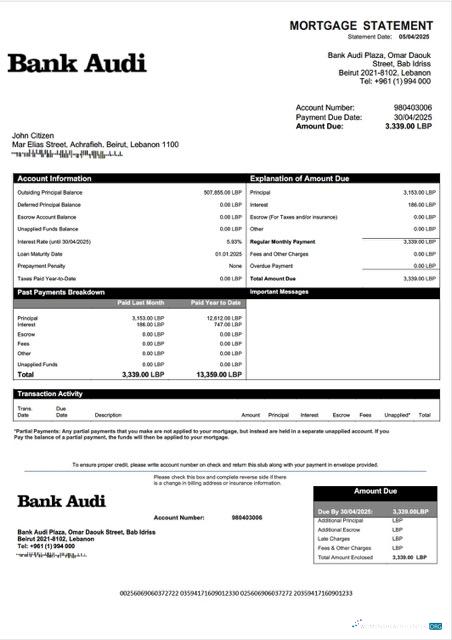 Реалистичный Скачать Ливан Банк Audi Ипотека Выписка Word и PDF Шаблон Photoshop Шаблон