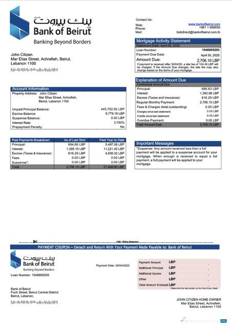 Качественный Скачать Ливан Банк Beirut Ипотека Выписка Word и PDF Шаблон Photoshop Шаблон