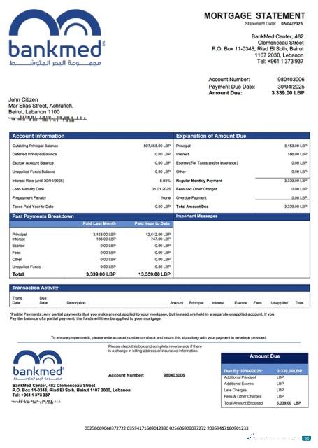 Премиум Скачать Ливан BankMed Ипотека Выписка Word и PDF Шаблон Photoshop Шаблон