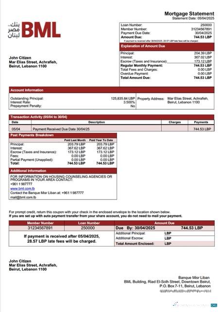 Реалистичный Скачать Ливан Banque Misr Liban Ипотека Выписка Word и PDF Шаблон Photoshop Шаблон