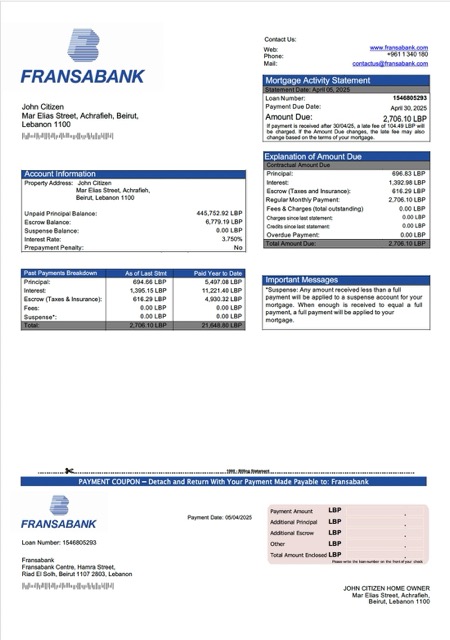 Премиум Скачать Ливан Fransabank Ипотека Выписка Word и PDF Шаблон Photoshop Шаблон