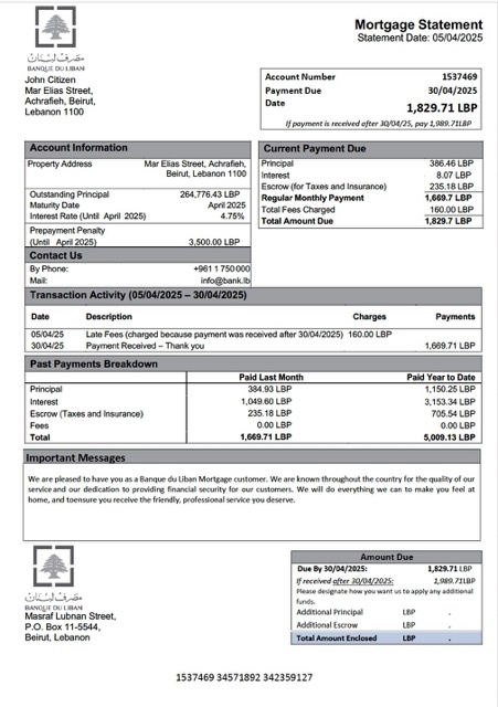 Профессиональный Скачать Ливан Banque Du Liban Ипотека Выписка Word и PDF Шаблон Photoshop Шаблон