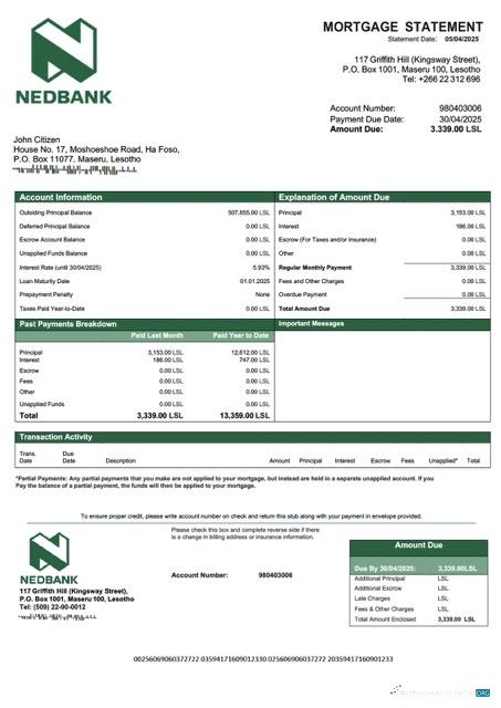 Качественный Скачать Лесото Nedbank Лесото Ипотека Выписка Word и PDF Шаблон Photoshop Шаблон