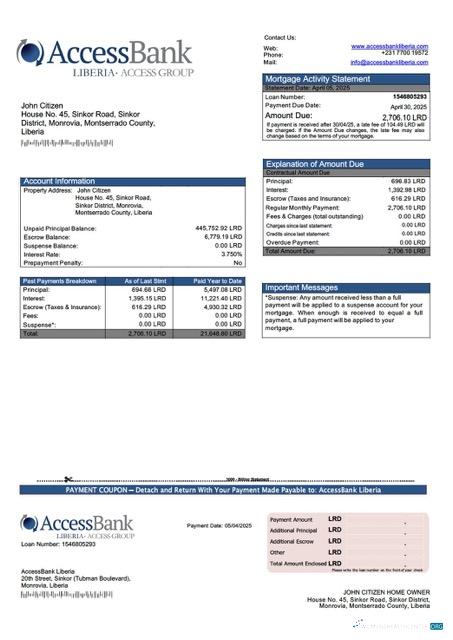 Качественный Скачать Либерия AccessBank Либерия Ипотека Выписка Word и PDF Шаблон Photoshop Шаблон
