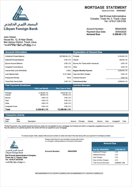 Премиум Скачать Libyan Foreign Банк Ипотека Выписка Word и PDF Шаблон Photoshop Шаблон
