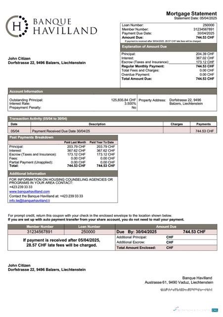 Профессиональный Скачать Лихтенштейн Banque Havilland Ипотека Выписка Word и PDF Шаблон Photoshop Шаблон