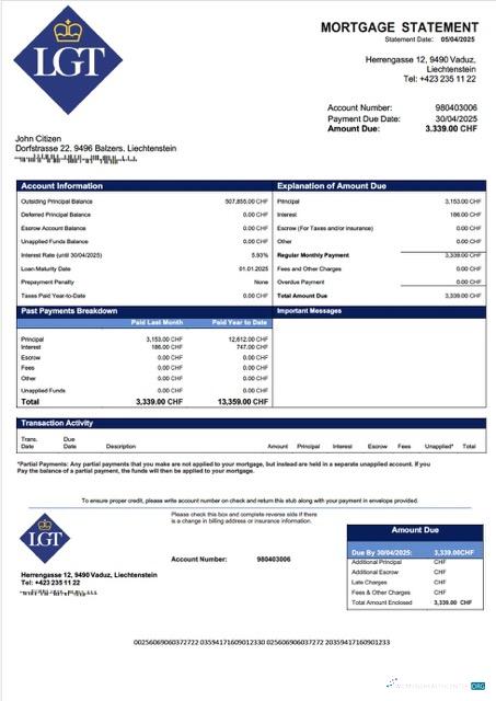 Редактируемый Скачать Лихтенштейн LGT Банк Ипотека Выписка Word и PDF Шаблон Photoshop Шаблон