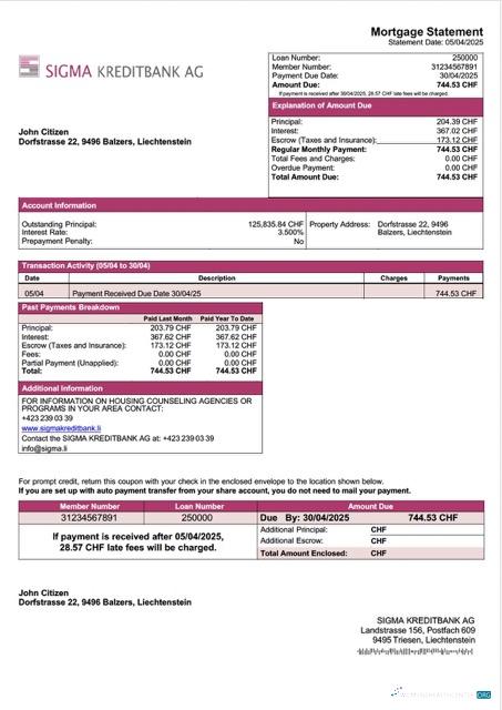 Профессиональный Скачать Лихтенштейн SIGMA KREDITBANK AG Ипотека Выписка Word и PDF Шаблон Photoshop Шаблон