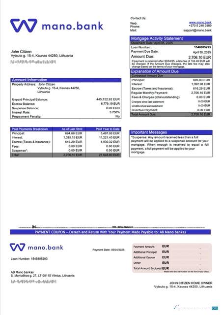 Качественный Скачать Литва AB Mano Bankas Ипотека Выписка Word и PDF Шаблон Photoshop Шаблон