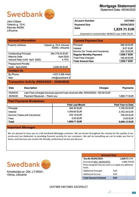 Реалистичный Скачать Литва AB Swedbank Ипотека Выписка Word и PDF Шаблон Photoshop Шаблон