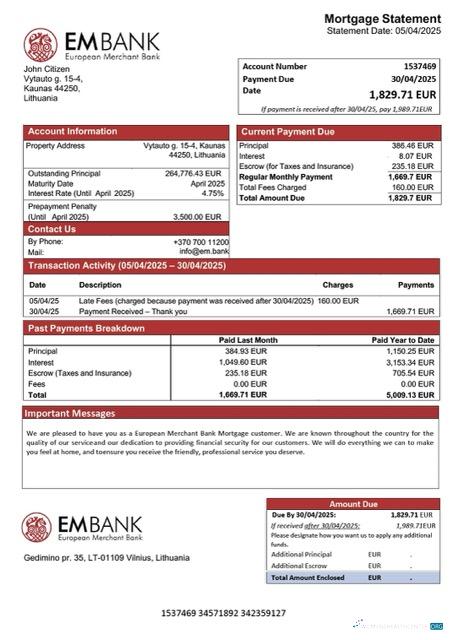 Премиум Скачать Литва European Merchant Банк Ипотека Выписка Word и PDF Шаблон Photoshop Шаблон