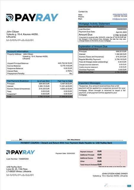 Профессиональный Скачать Литва UAB PayRay Банк Ипотека Выписка Word и PDF Шаблон Photoshop Шаблон