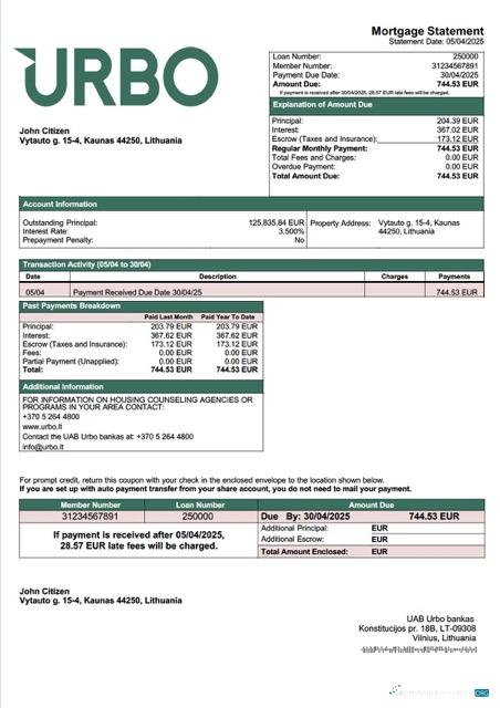 Качественный Скачать Литва UAB Urbo Bankas Ипотека Выписка Word и PDF Шаблон Photoshop Шаблон