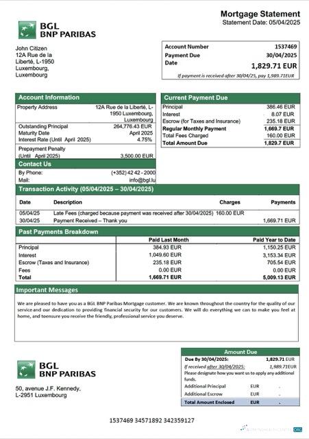 Премиум Скачать Люксембург BGL BNP Paribas Ипотека Выписка Word и PDF Шаблон Photoshop Шаблон