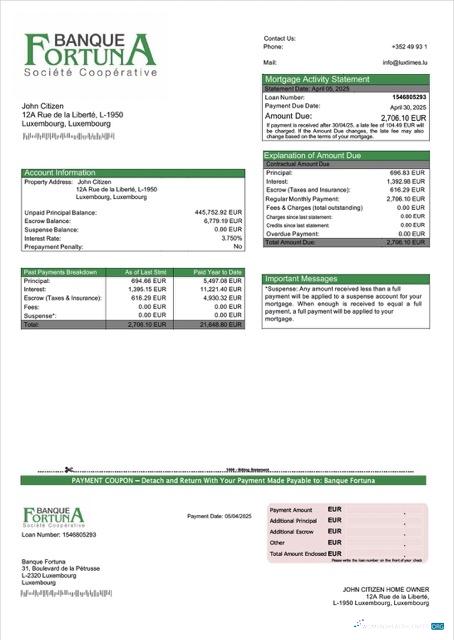 Реалистичный Скачать Люксембург Banque Fortuna Ипотека Выписка Word и PDF Шаблон Photoshop Шаблон