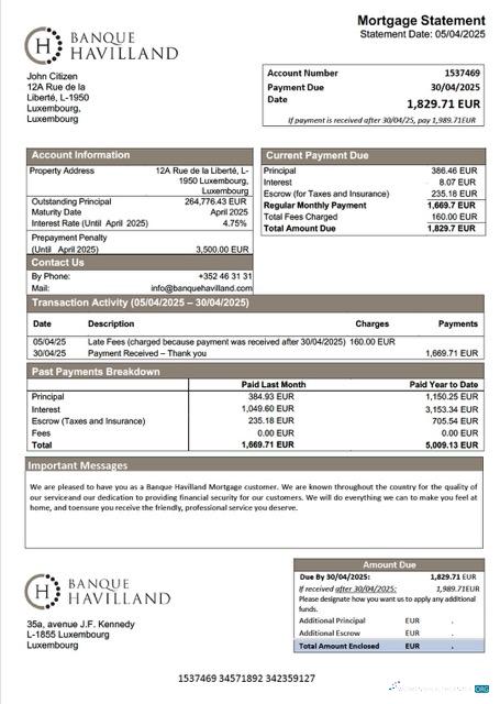 Профессиональный Скачать Люксембург Banque Havilland Ипотека Выписка Word и PDF Шаблон Photoshop Шаблон