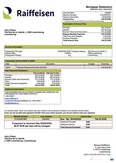 Реалистичный Скачать Люксембург Banque Райффайзен Ипотека Выписка Word и PDF Шаблон Photoshop Шаблон