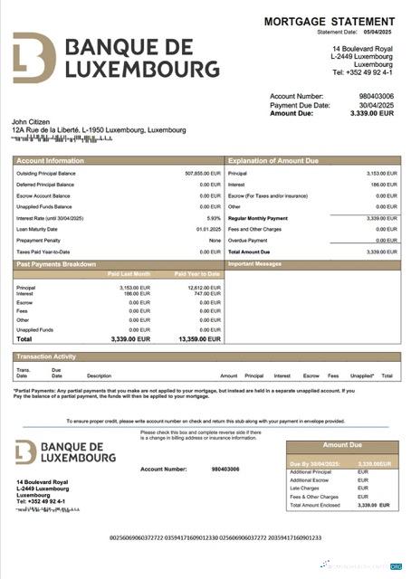 Качественный Скачать Люксембург Banque de Люксембург Ипотека Выписка Word и PDF Шаблон Photoshop Шаблон
