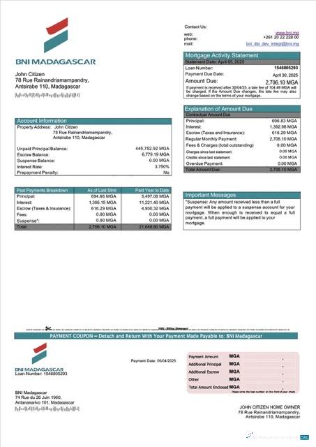 Премиум Скачать Мадагаскар BNI Мадагаскар Ипотека Выписка Word и PDF Шаблон Photoshop Шаблон