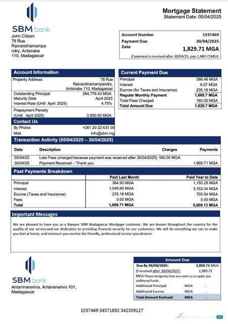 Качественный Скачать Мадагаскар Banque SBM Мадагаскар Ипотека Выписка Word и PDF Шаблон Photoshop Шаблон