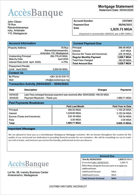 Качественный Скачать Мадагаскар AccèsBanque Мадагаскар Ипотека Выписка Word и PDF Шаблон Photoshop Шаблон