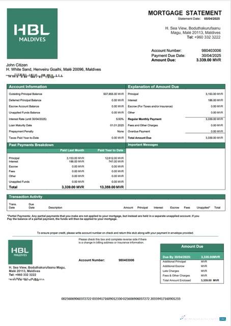 Премиум Скачать Мальдивы Habib Банк ООО (HBL) Ипотека Выписка Word и PDF Шаблон Photoshop Шаблон