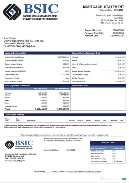 Качественный Скачать Мали BSIC Мали Ипотека Выписка Word и PDF Шаблон Photoshop Шаблон