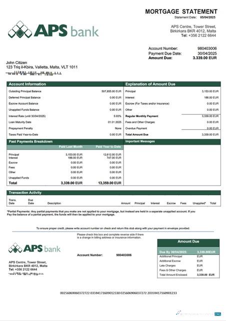 Реалистичный Скачать Мальта APS Банк PLC Ипотека Выписка Word и PDF Шаблон Photoshop Шаблон