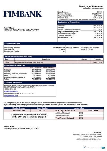 Качественный Скачать Мальта FIMBank Ипотека Выписка Word и PDF Шаблон Photoshop Шаблон
