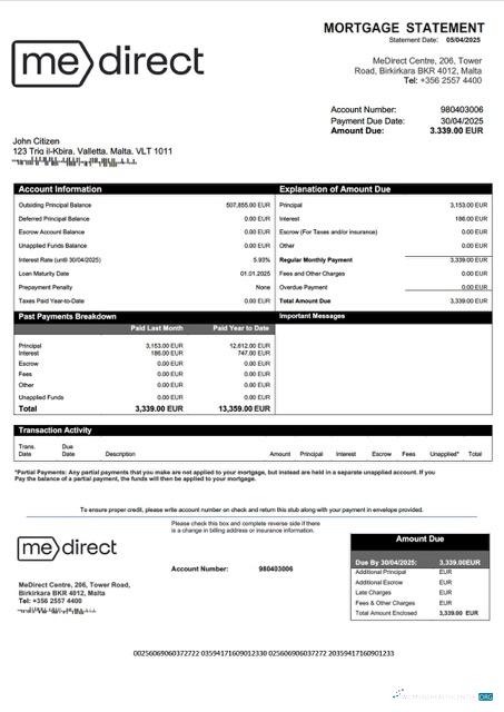 Качественный Скачать Мальта MeDirect Банк Ипотека Выписка Word и PDF Шаблон Photoshop Шаблон