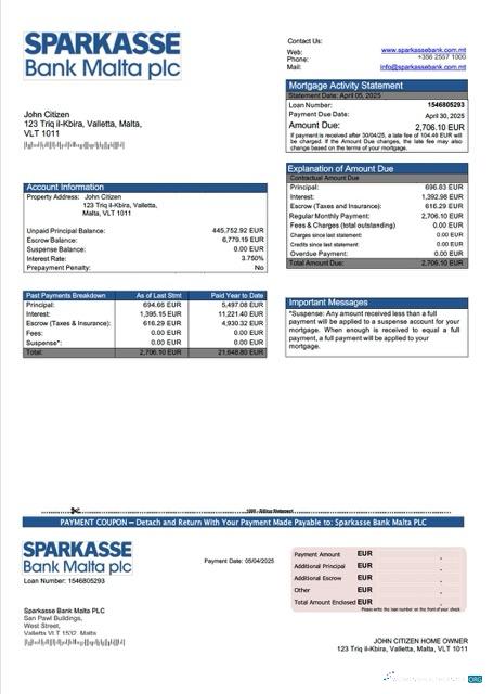 Редактируемый Скачать Мальта Sparkasse Банк Мальта PLC Ипотека Выписка Word и PDF Шаблон Photoshop Шаблон