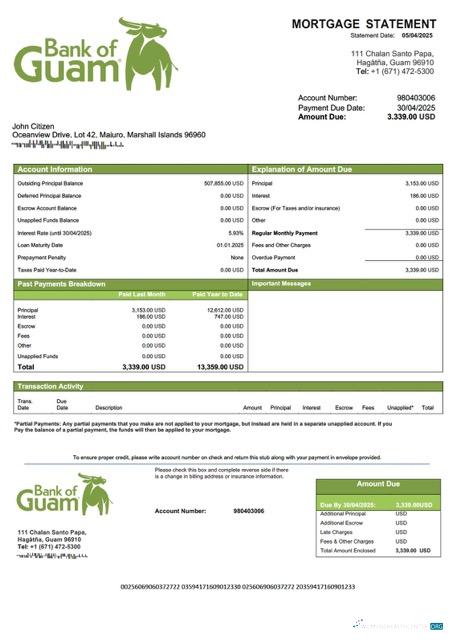 Реалистичный Скачать Marshall Острова Банк Guam Ипотека Выписка Word и PDF Шаблон Photoshop Шаблон