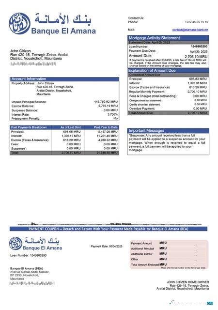 Качественный Скачать Мавритания Banque El Amana (BEA) Ипотека Выписка Word и PDF Шаблон Photoshop Шаблон