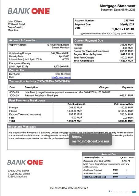 Премиум Скачать Маврикий Банк One ООО Ипотека Выписка Word и PDF Шаблон Photoshop Шаблон