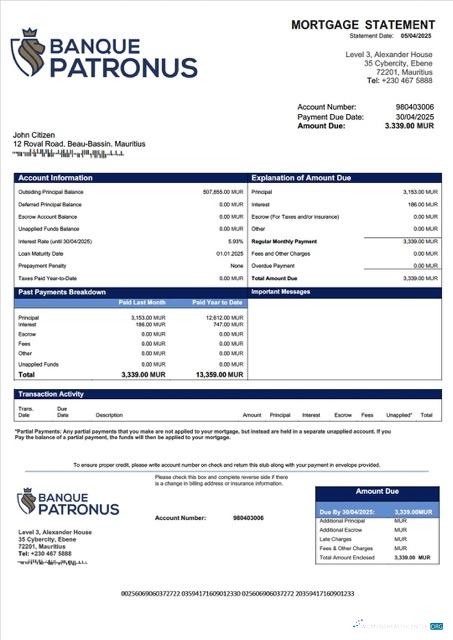 Редактируемый Скачать Маврикий Banque Patronus Limitée Ипотека Выписка Word и PDF Шаблон Photoshop Шаблон