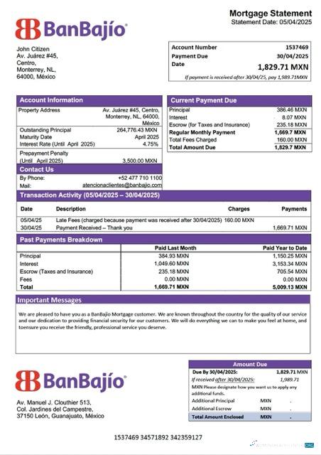Качественный Скачать Мексика BanBajío Ипотека Выписка Word и PDF Шаблон Photoshop Шаблон