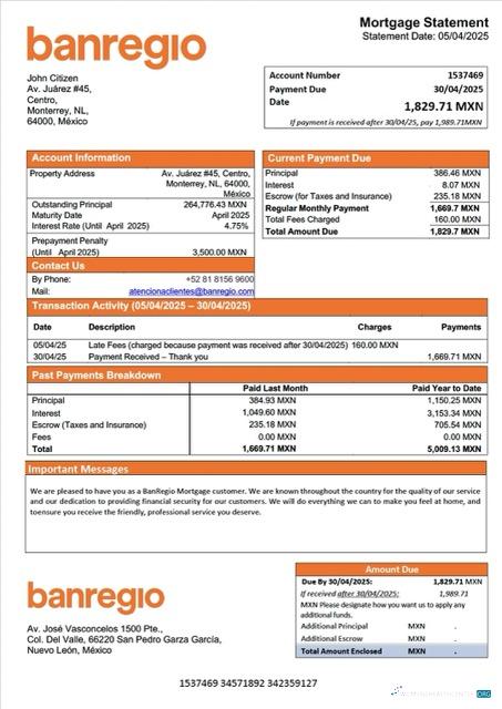 Качественный Скачать Мексика BanRegio Ипотека Выписка Word и PDF Шаблон Photoshop Шаблон