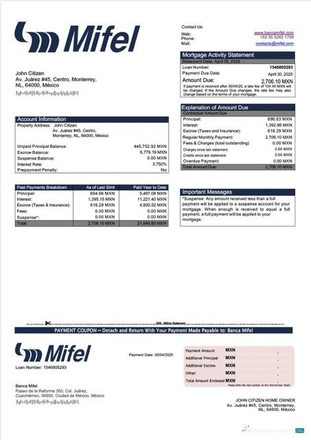 Премиум Скачать Мексика Banca Mifel Ипотека Выписка Word и PDF Шаблон Photoshop Шаблон