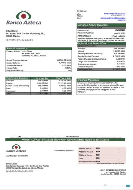 Премиум Скачать Мексика Banco Azteca Ипотека Выписка Word и PDF Шаблон Photoshop Шаблон