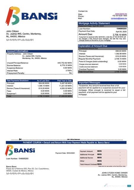 Профессиональный Скачать Мексика Banco Bansi Ипотека Выписка Word и PDF Шаблон Photoshop Шаблон