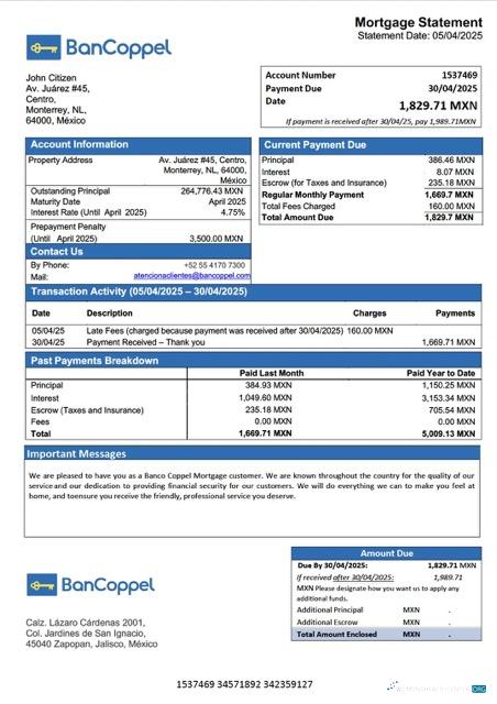 Профессиональный Скачать Мексика Banco Coppel Ипотека Выписка Word и PDF Шаблон Photoshop Шаблон