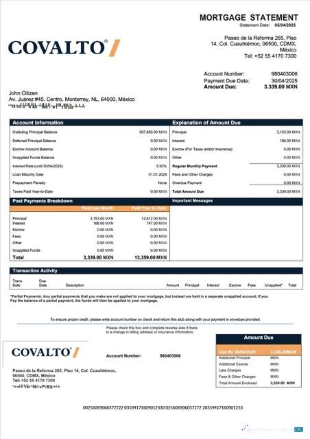 Реалистичный Скачать Мексика Banco Covalto Ипотека Выписка Word и PDF Шаблон Photoshop Шаблон