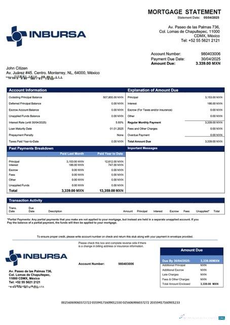 Редактируемый Скачать Мексика Banco Inbursa Ипотека Выписка Word и PDF Шаблон Photoshop Шаблон