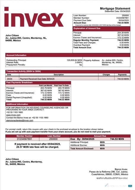 Редактируемый Скачать Мексика Banco Invex Ипотека Выписка Word и PDF Шаблон Photoshop Шаблон